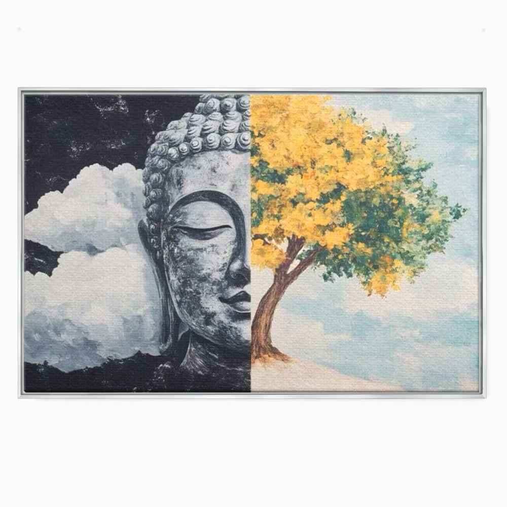Tablou canvas cu tablou canvas cu buddha si copac, in rama de aluminiu argintiu